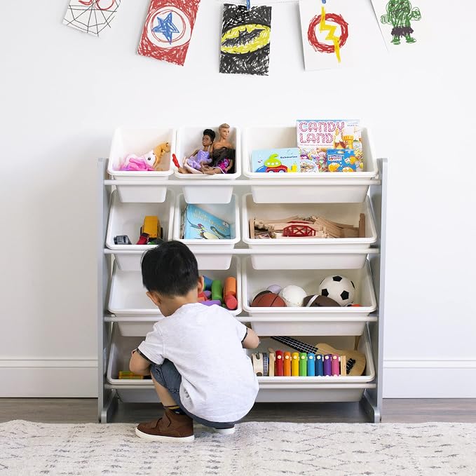 Humble Crew Kids Toy Organizer with 12 Bins, 4 Tier Storage for Playroom | Sturdy wood and steel toddler shelf, removable BPA-free containers, wall anchor anti-tip safety kit for bedroom or classroom - Image 5