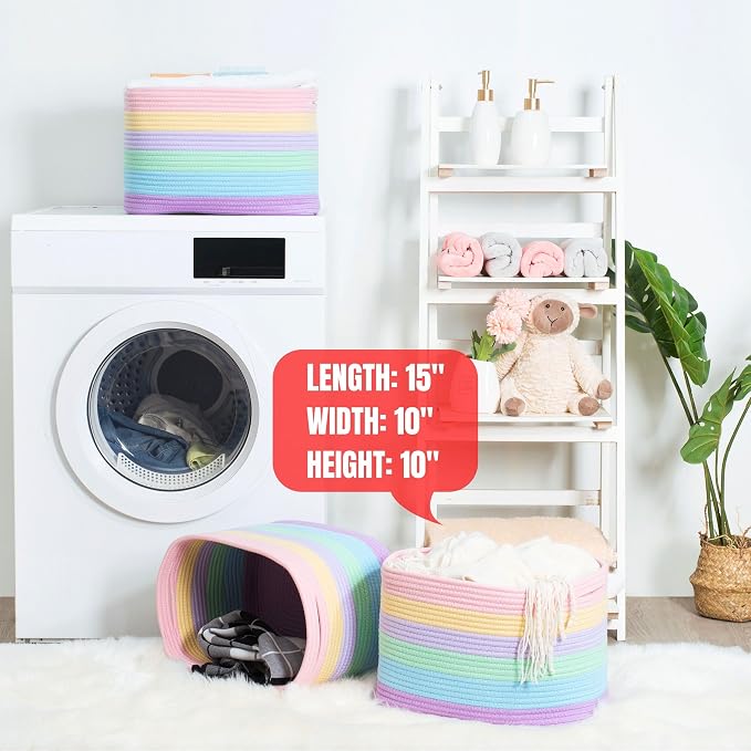 3-Pack Storage Baskets and Cube Bins for Shelves, Playroom and Classroom, Decorative Woven Closet Organizers for Books, Shoes, and Pantry Items, Pastel Rainbow - Image 7
