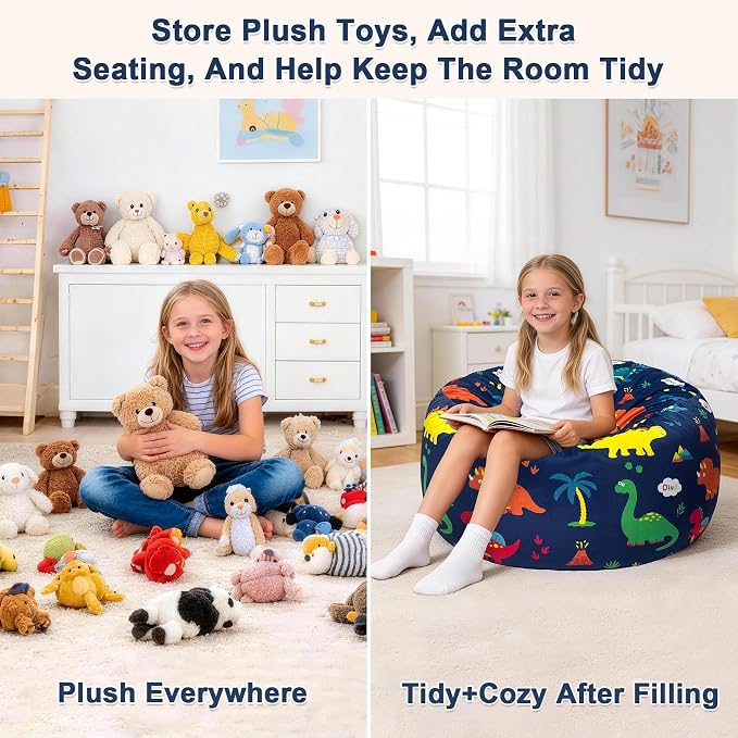 Lukeight Dinosaur Stuffed Animal Storage Bean Bag Chair Cover for Kids, Velvet Plush Toy Organizer Seat, Cover Only, No Filling Included, Long YKK Zipper, Side Pocket, X-Large 30"D x 18"H - Image 3