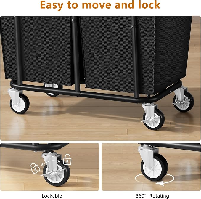 Gewudraw 2 Bag Laundry Hamper with Wheels Medium Size, 250L, Black | Rolling Laundry Basket, Steel Frame, Removable Liner, Heavy Duty Rolling Laundry Cart with Handle for Laundry Room, Bathroom - Image 6