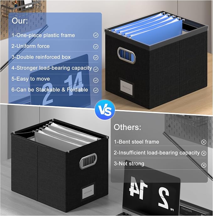 File Organizer Box - File Boxes for Hanging Files with Lid Set of 3 Decorative Hanging Folders Organizer with One-Piece Plastic Frame Slides (Black, 13.2 * 10.1 * 10.1in(2Pack)) - Image 3