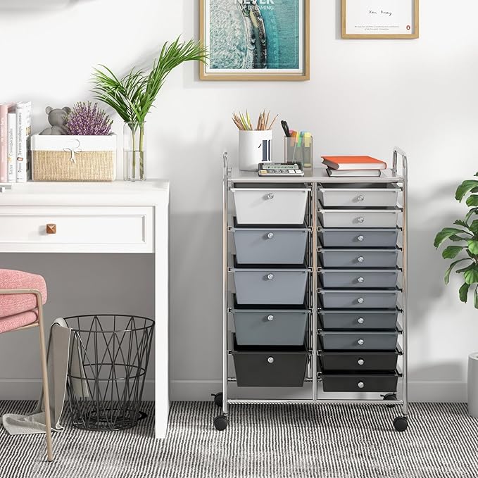 DREAMADE Rolling Cart with 15 Drawers, Rolling Drawer Organizer Cart w/Lockable Wheels, Removable & 2-Sized Storage Drawers, Art Cart for School Home Art Supplies Crafts File Scrapbook (Mixed-black) - Image 9