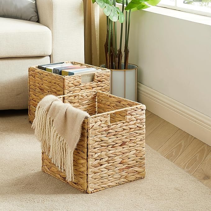 Storage Basket, Set of 2 Hand-woven Water Hyacinth Storage Baskets, Foldable Wicker Storage Basket 13 Inch Cube Storage Bins for Shelves Organizer Square Shelf Baskets, 13''x13''x13'' - Image 5