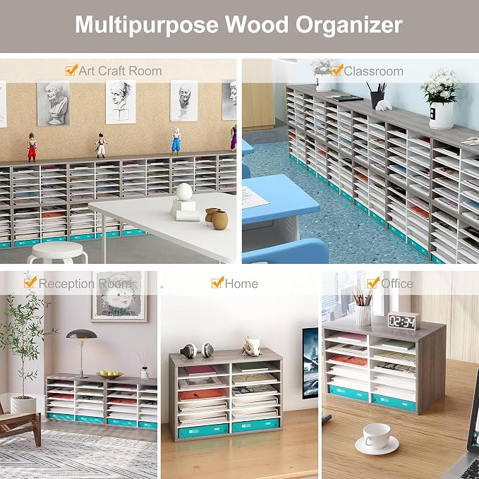 EasyPAG 12 Compartments Wooden Literature Organizer with Adjustable Shelves, 6000 Sheets Capacity Paper Organizer, Classroom Mailbox and Mail Sorter for Teachers and Office, Retro Gray/White - Image 7