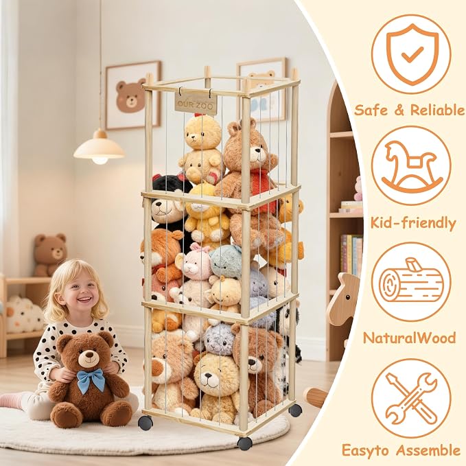 yofit 56" Stuffed Animal Storage Organizer with Wheels, Plush Storage Wooden ZOO with Removable Dust-Proof Cover for Playroom Bedroom Living Room Kids Room - Image 4