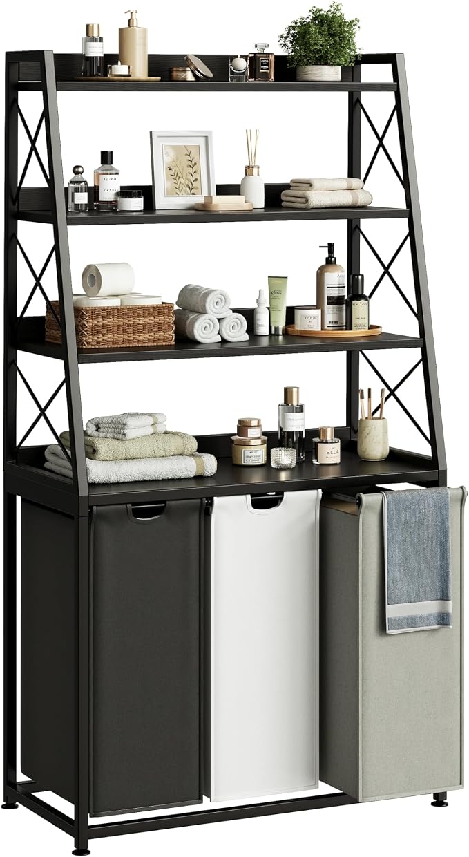 Herture Laundry Basket, 3 Section Laundry Hamper with 4 Tiers Shelf, Pull-Out and Removable Laundry Bags, Large 3 x 15.87 Gallons, for Laundry Room Bathroom Black PF05XLK by Herture