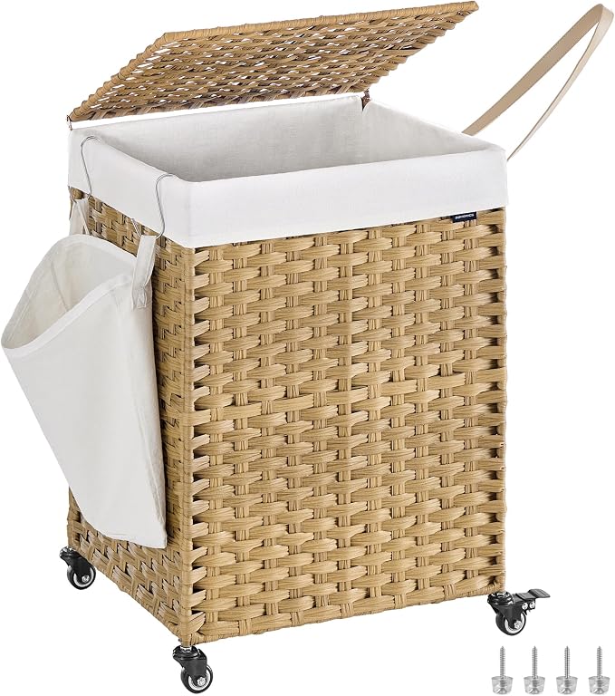 SONGMICS Laundry Hamper with Lid, 31.7 Gallons (120 L), Rolling Laundry Basket with Wheels, Synthetic Rattan, Removable Liner, Bedroom, 18.1 x 15.7 x 26 Inches, Natural Color ULCB161Y01 by Unknown