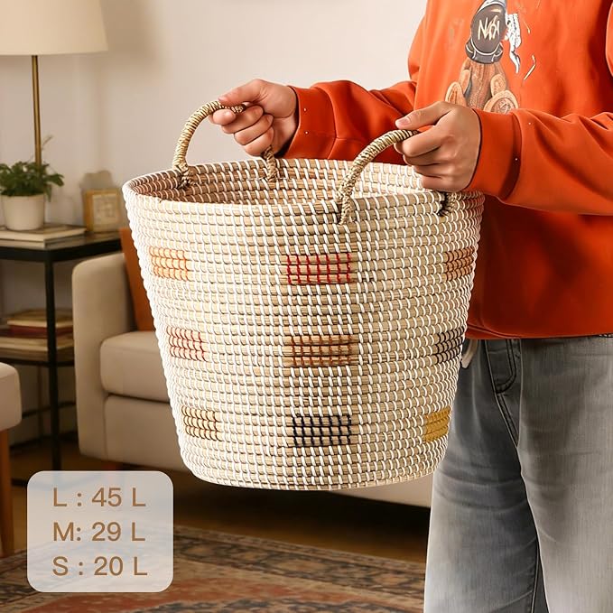 Laundry Hamper Basket 3-Piece Set with Handles - Large (45L), Medium (29L), Small (20L) - Natural Seagrass Woven Storage Bins for Clothes, Blankets, Toys, Bedroom & Bathroom Organization - Image 7
