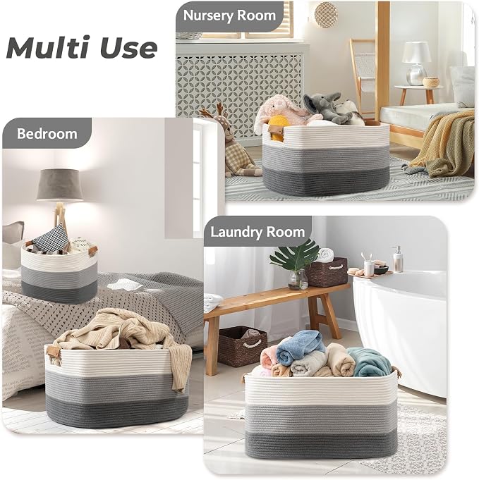 Blanket Basket, 72L Rectangle Large Basket for Living Room, Baby Room & Laundry, Woven Cotton Rope Toy Bin Baby Nursery Room Storage, 22’’*17’’*11.8’’, Gradient Grey - Image 8