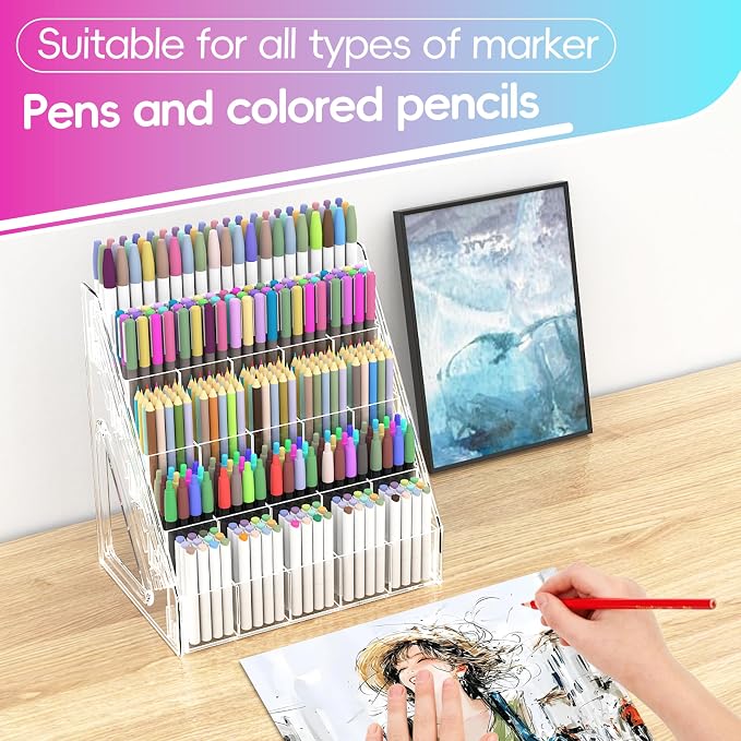 150 Slots Marker Organizer, 5 Tier Acrylic Marker Storage Rack, Desktop Marker Holder for Alcohol Markers, Copic, Ohuhu, Colored Pencils & Pens - Image 2