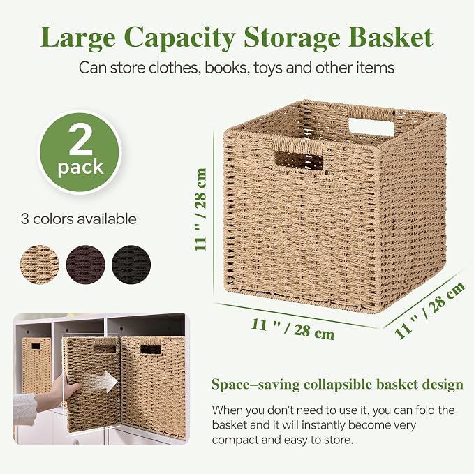 Patvingot 11-Inch Paper Rope Wicker Basket with Built-In Handles,2 Pack | For books, throws and accessories on open shelves, decorative woven texture, metal frame supports the shape, folds flat - Image 2