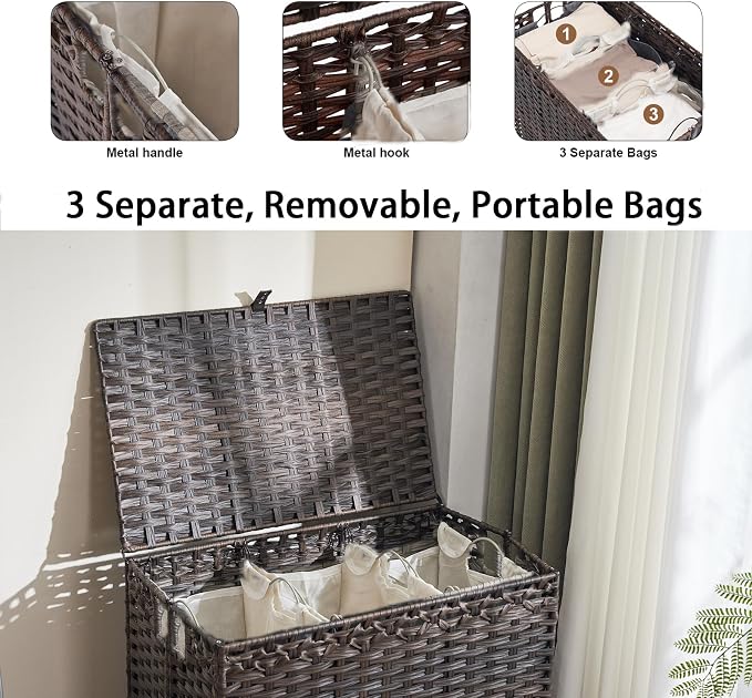 Laundry Hamper with Wheels&Lid, 50.2 Gallons(190L) Rolling Laundry Basket with Wheels, 3-Section Laundry Hamper, Handwoven Rattan Clothes Hamper with 6 Removable Liner& 3 Mesh Laundry Bags, Brown - Image 5