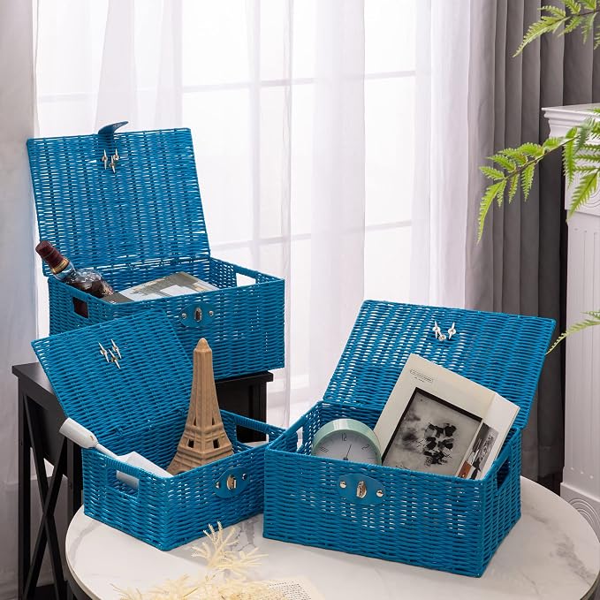 Set of 3 Woven Wicker Storage Basket Box with Lids & Lock, Built-in Carry Handles, Multifunctional Storage Organizer for Nursery, Baby, Clothes, Toys, Books, Large/Medium/Small Size (Blue) - Image 6