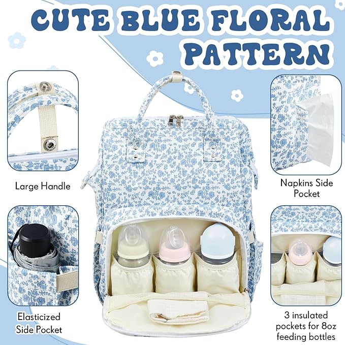 Blue Corduroy Floral Diaper Bag Backpack for Mom Large Capacity Multifunction Travel Backpack for Women, Cute Diaper Bag - Image 3