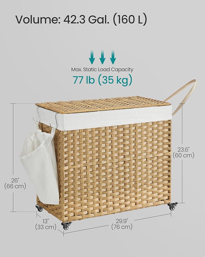 SONGMICS Laundry Hamper with Lid, 42.3 Gallons (160 L), Rolling Laundry Basket with Wheels, 3-Section Synthetic Rattan, Removable Liner, Bedroom, 29.9 x 13 x 26 Inches, Natural ULCB365N01 - Image 5