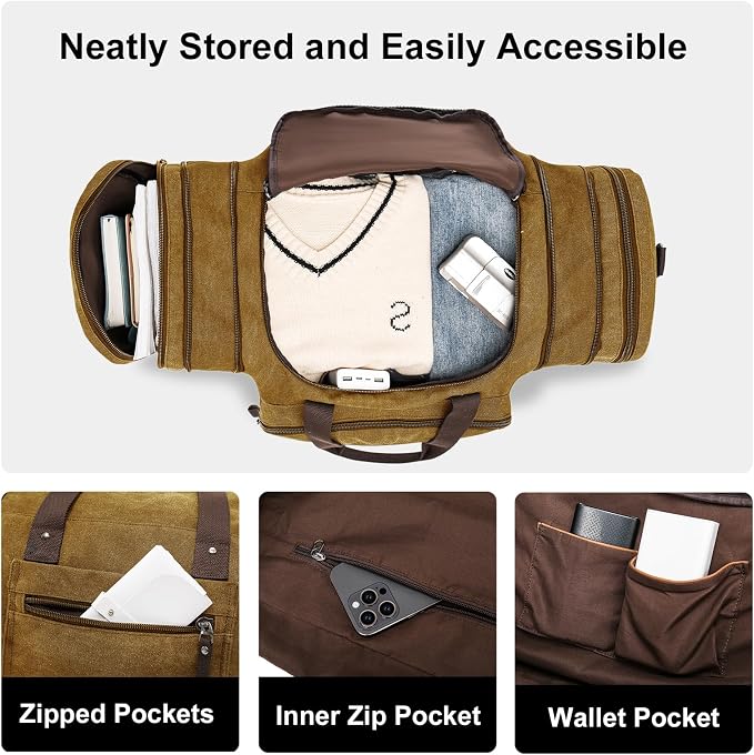EKOROMIER Large Canvas Duffle Bag for Travel, Expandable 55L Weekender bags | Features Luggage Trolley Sleeve, Multi-Pockets for Traveling, Overnight Airplane Carry-On Bag for Men & Women - Camel Brown - Image 6