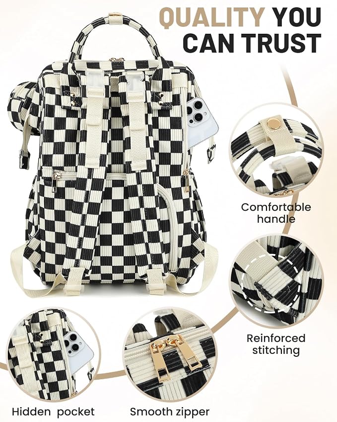 Corduroy Diaper Bag Backpack, Large Capacity Multifunction Baby Diaper Bags for Women, Insulated Bottle Pockets & Pacifier Case, Stylish Travel Nappy Changing Bags for Mom Dad (Checkered Black) - Image 6