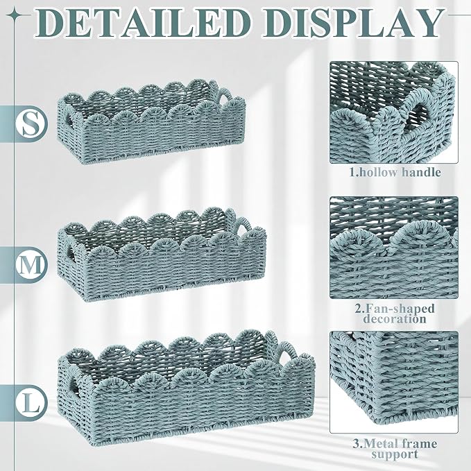 Boao 3 Pcs Boho Storage Wicker Baskets Handmade Woven Decorative Paper Rope Baskets for Organizing with Handle Countertop Toilet Paper Storage Container for Toilet Tank Top (Smoggy,Fan-shaped) - Image 3
