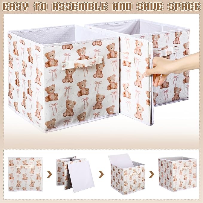 6 Pcs Pink Bow Teddy Bear Cube Storage Bins 11 Inch Storage Basket with Handle, Preppy Girls Organizer Basket, Collapsible Fabric Box for Classroom Bedrooms Office Home Decoration Gift - Image 3