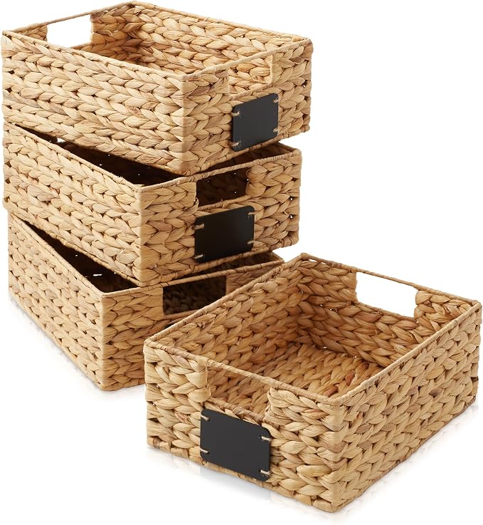 Casafield Set of 4 Water Hyacinth Pantry Baskets, 10" x 13" x 5", with Chalkboard Labels and Chalk Marker - Natural, Woven Storage Bin Organizers for Kitchen Shelves - Image 3