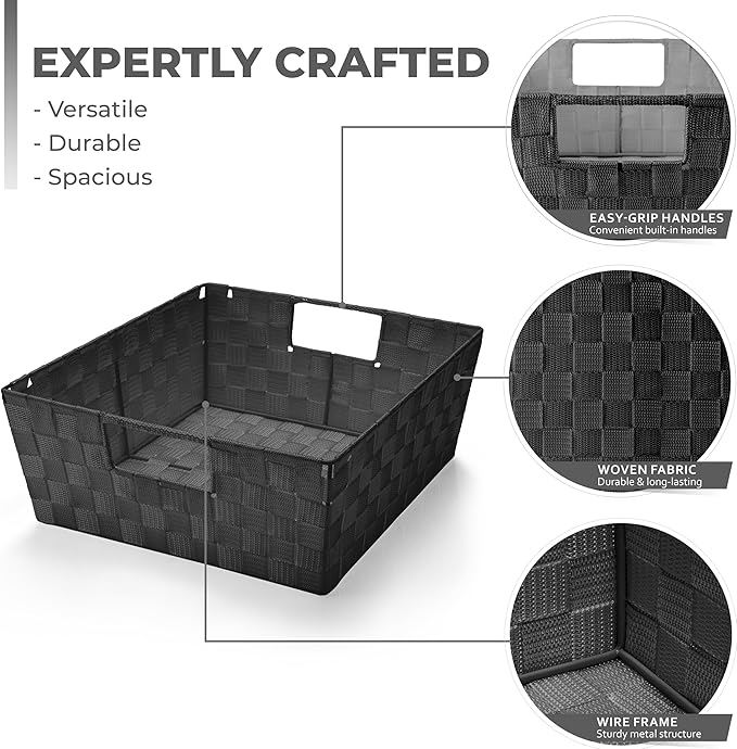 Sorbus Set of 3 Large Woven Storage Baskets – Mesh Hand-Woven Baskets for Organizing, Fabric Storage Bins for Linen Closet Organizer, Storage Baskets for Shelves and Home Organization (Black) - Image 2