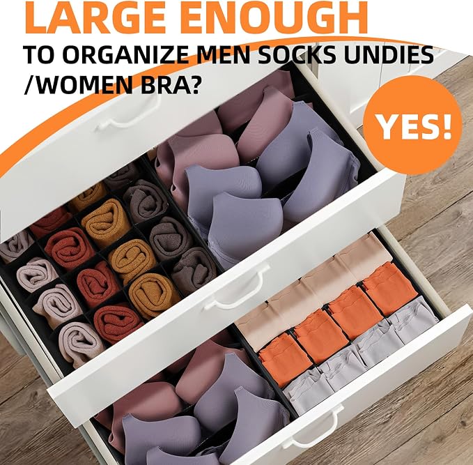 6 Pack Sock Underwear Drawer Organizer Dividers - Dresser Organizer for Baby Clothes - Closet Organizers and Storage for Bedroom Essentials for Dorm Room/New Home/Apartment (Black) - Image 3