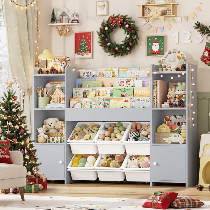 Toy Storage Organizer with 6 Toy Bins & 4 Tier Kids Bookshelf | Toy Organizer with 6 Cubbies, Kids Toy Organizers and Toy Storage with Bins, Playroom Storage and Toy Chest, Grey - Image 4