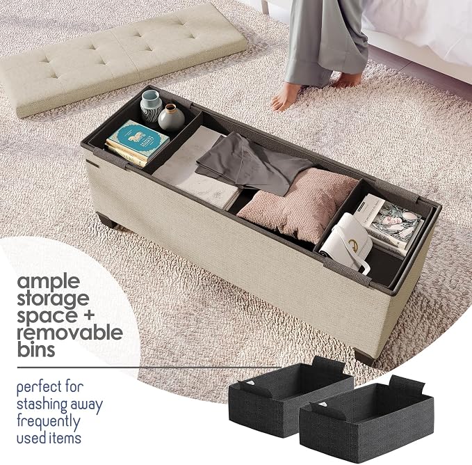 Storage Ottoman Bench with Bins, 43-in Storage Bench for Bedroom End of Bed, Folding Foot Rest Ottoman for Living Room Max 660lbs, Fabric Ottomans, Beige - Image 3
