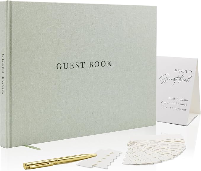 Real Linen Guest Book Set - 11.5 x 8.5 Embossed Guestbook for Weddings, Showers, Events, Blank & Lined, Comes with Sign, Pen, Box and Photo Sleeves, 120 Pages (Leaf) by ModernAlbumDesigns