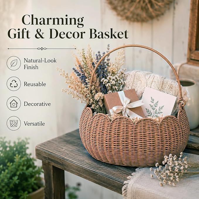 Large Wicker Picnic Basket, Handwoven Garden Harvest Basket for Gathering Vegetables Flowers Fruits, Woven Rattan Style Basket with Handles for Picnic Outdoor Storage Gardening Organization - Image 3