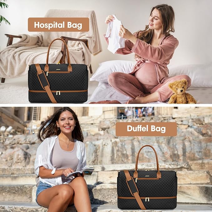 Travel Weekender Duffle Bags for Women - Large Carry On Bag with Shoe Compartment Overnight Bag with Toiletry Bag Duffel Bags with Wet Pocket for Gym Hospital Bags for Labor and Delivery Black Brown - Image 9