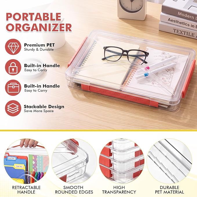 5 Pcs Clear File Storage Box Portable Paper Case with Lid Handle,Red - Image 5