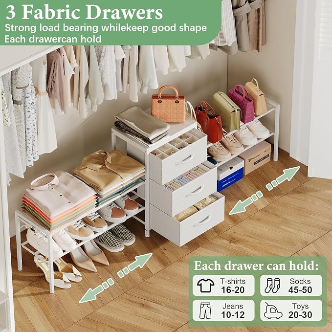 Expandable Closet Organizers and Storage,Wide Long 3 Drawer Dresser | White Fabric Storage Dresser, Clothes Shelves for Kids, Purse Organizer Small Shoe Rack for Closet Bedroom(47.24~71.47in) - Image 3