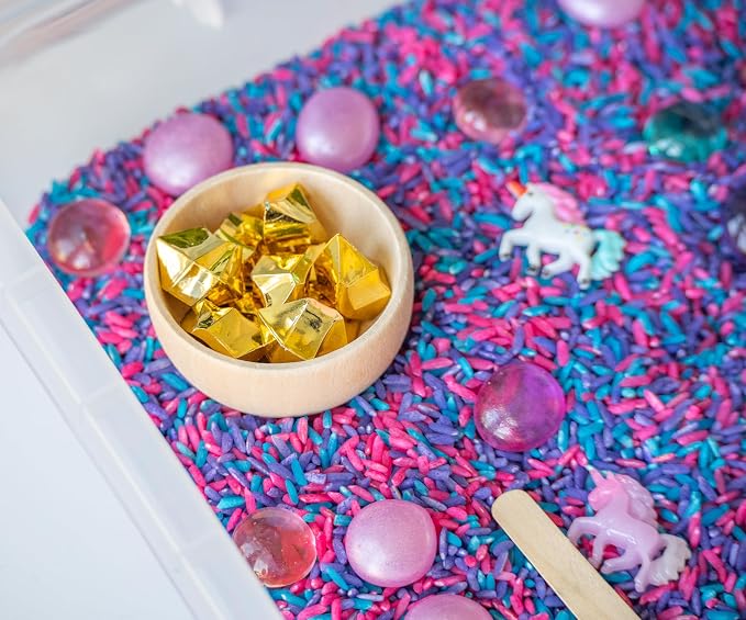 Unicorn Sensory Bin Kit for Kids | Pink, Purple & Blue Rice, Unicorn Figurines & Charms, Crystals & Wooden Tools – Includes Clear Storage Bin - Image 2