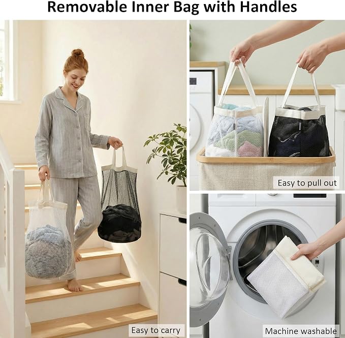 efluky Laundry Hamper with Lid, Double Laundry Basket with 2 Removable Bags, 2 Section Laundry Bin with Bamboo Handles for Bathroom, Bedroom & Laundry Room, 140L (36.9 Gallon) Beige - Image 5