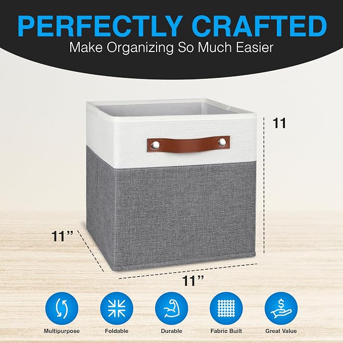 11 Inch Cube Storage Bin - 4 Pack - Linen Fabric 11x11 Cube Storage Bins for Bedroom, Living Room, Clothes and Toys; Foldable, Dual Leather Handles - Image 2