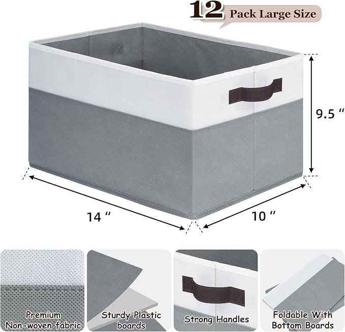 12 Pack Large Fabric Storage Baskets | Grey Collapsible Closet Organizers with Handles | 14"x10"x9.5" for Home, Nursery, Bathroom & More - Image 2