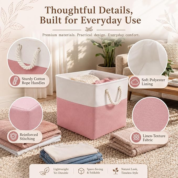 6 Pack 13x13 Inch Cube Storage Bins Fabric Square Cube Baskets, Light Pink | Light Pink Foldable Fabric Organizer with Handles, Home Closet Bin for Shelves, Durable Cube Baskets Bulk for Home Storage - Image 3