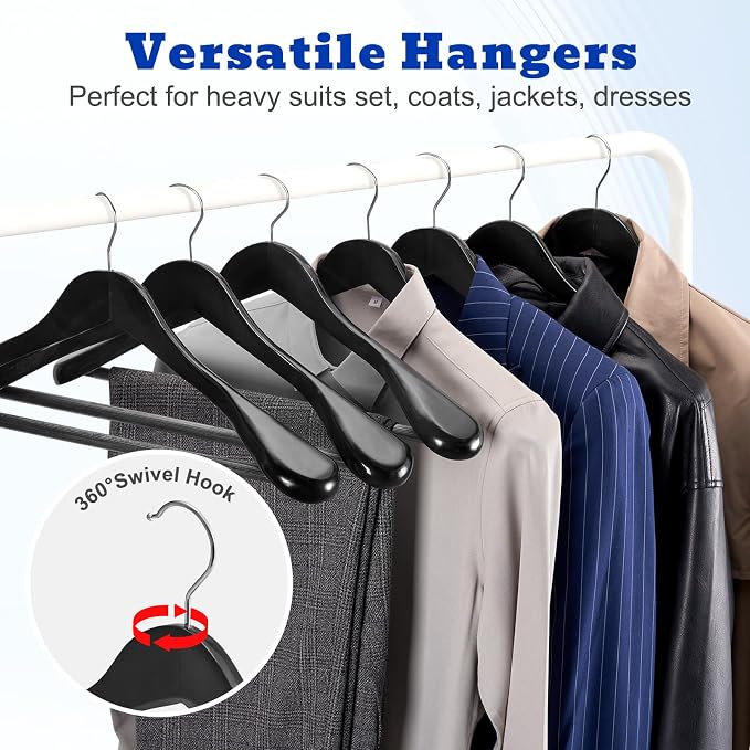 HOUSE DAY High-Grade Suit Hangers, Wide Shoulder Wooden Hangers with Non Slip Pants Bar, Smooth Finish 360° Swivel Hook Solid Wood Coat Hangers for Dress, Jacket, Heavy Clothes Hanger 6 Pack (Black) - Image 6