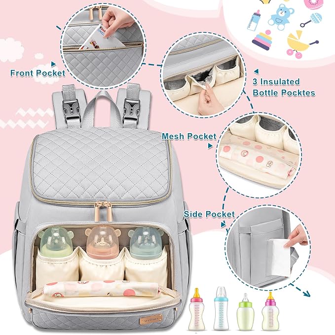 Diaper Bag Backpack Large Baby Diaper Bag with Changing Pad Travel Diaper Backpack,Baby Bag for Boys Girls,Stroller Straps,5 Insulated Pockets (Gray) - Image 3