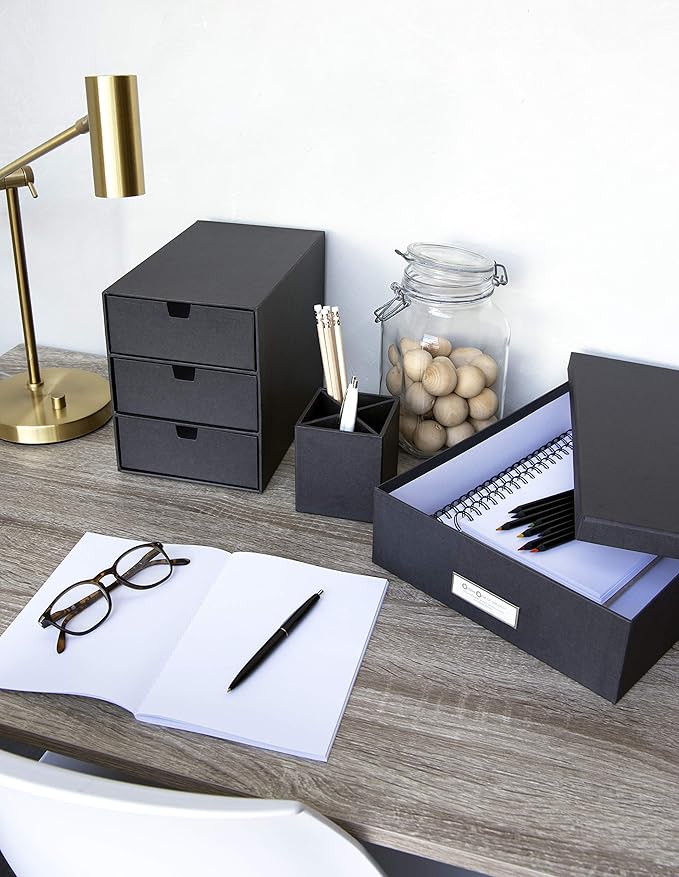 Bigso Oskar Fiberboard Label Frame Document Letter Box - File Organizer Box for Important Paperwork - Durable Document Storage with a Lid & Metal Label Window - 3.3 in x 10.2 in x 13.8 in - White - Image 2