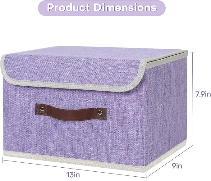 ANMINY Fabric Storage Box Bins with Lids, Purple, 13"x9"x7.9", 2 Pack | Keepsake Memory Storage, Cotton Linen, PP Board Reinforced, Washable, PU Handles, Foldable & Stackable, Decorative, Medium - Image 5