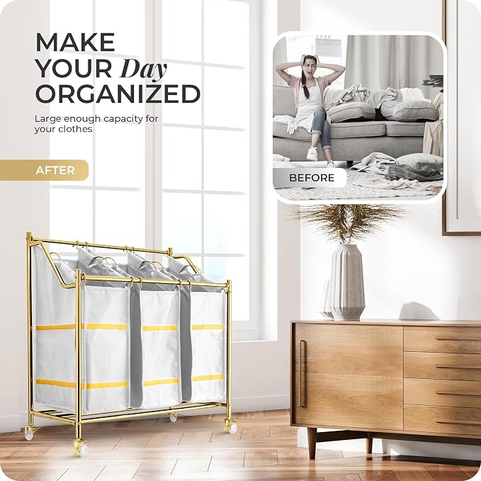 LUXURY STYLE 3- Sections Laundry Sorter, Roling Laundry Cart, Modern Golden Hamper, 3-Bags Organizer with Wheels, Laundry Basket, XL Hamper for Clothes, Toys, and Towels (Classic White) - Image 2