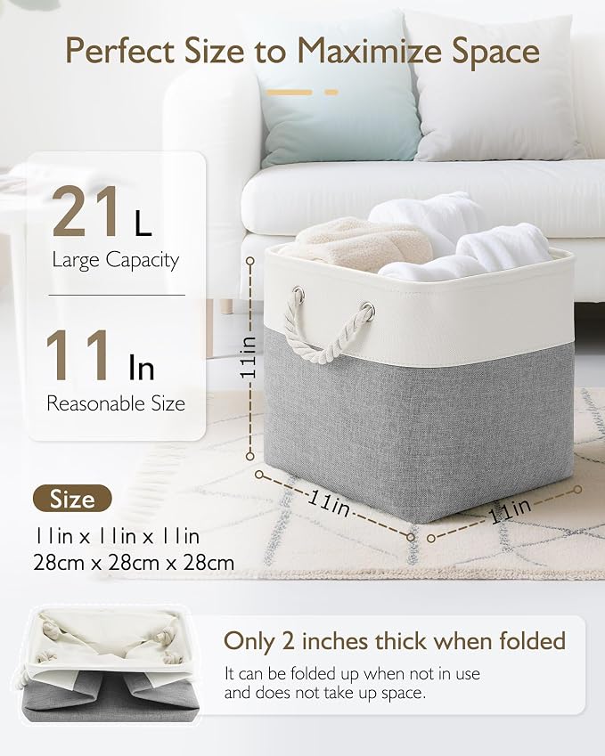 Patvingot 11-Inch Fabric Cube Storage Bins with Handles,4 Pack,Foldable | For cube shelves and closets,keeps grouped for everyday access,reinforced opening and fold-flat storage,white and gray - Image 2