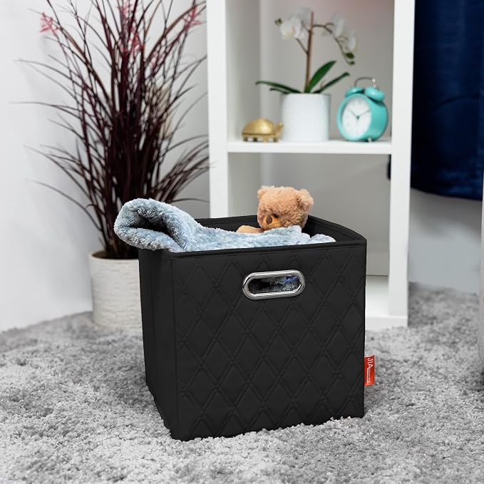 Small 11-inch Black Foldable Diamond Patterned Faux Leather Storage Cube Bins Set of Four with Handles with Dual Handles for living room, bedroom and office storage - Image 3
