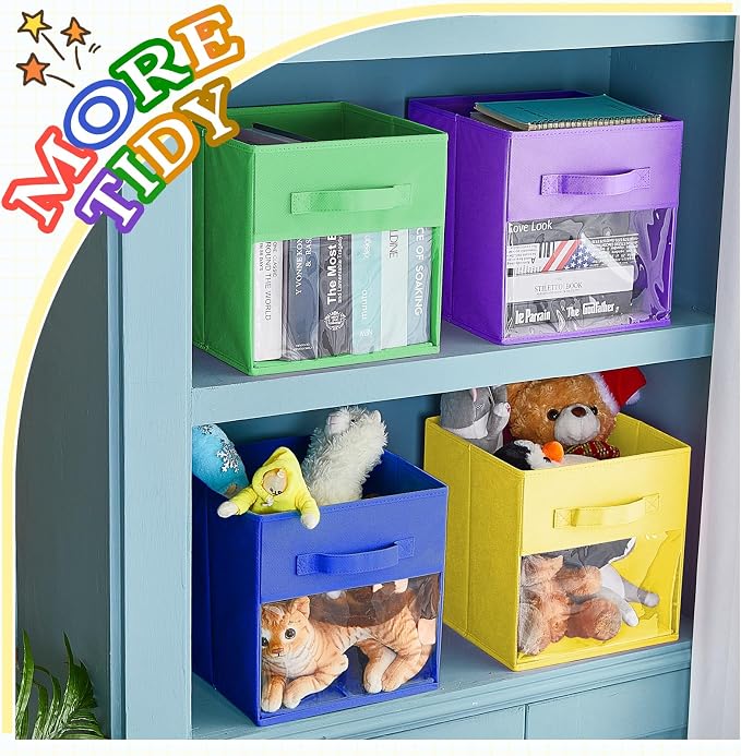 Marsui 12 Pcs Clear Cube Storage Bins Rainbow Colored Collapsible Kids Storage Bins Fabric Classroom Organizer with Window for Kid Playroom Room Daycare Nursery - Image 5