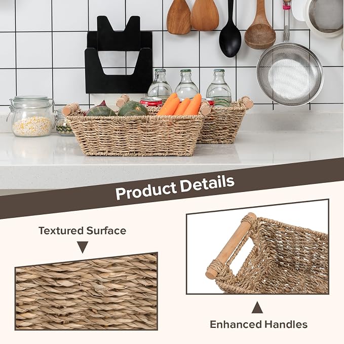 Small Wicker Baskets,small baskets for organizing,wicker storage Basket,small woven basket Seagrass Storage Baskets,Rattan Basket for Shelves Toilet Paper Basket with Handle,4 Pack - Image 3