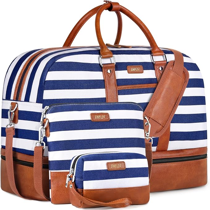 Weekender Bag for Women, Large Overnight Bag Canvas Travel Duffel Bag Carry On Tote with Shoe Compartment 21" 3Pcs Set by IBFUN