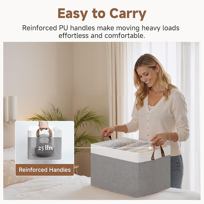StorageWorks Fabric Storage Bins, Gray and White, Extra Large, 2-Pack | With Reinforced PU Handles, Metal Frame, Collapsible, Storage Basket for Shelves, Closet, Holds Clothes, Towels, Blankets - Image 5