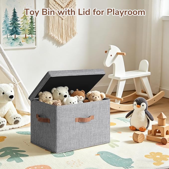 CHICVITA 4-Pack Large Fabric Storage Bins with Lids for Closet,Grey | 17.1" x 11.2" x 11.6" Storage Boxes for Shelves with Support Plate Fit Bedroom Storage Cubes with Handles for Clothes & Toys - Image 6